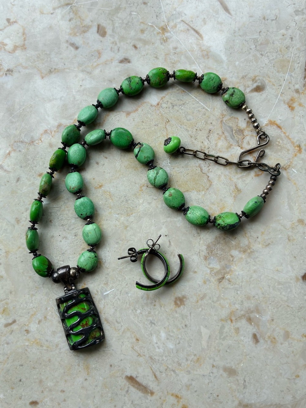 Vintage Native American 925 Green Turquoise Stone Necklace And Earring Set